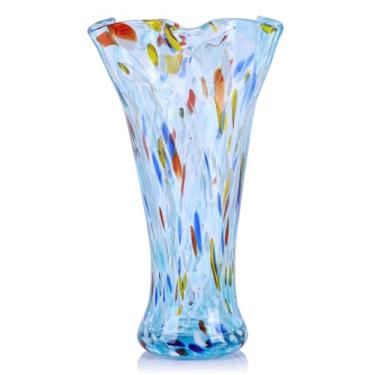 Imagem de Vasos de vidro aquático de 23 cm H para flores, exclusivo vaso de vidro soprado à mão, decoração de casa, vaso de flores coloridas de boca larga, para sala de estar, mesa de livros, prateleira