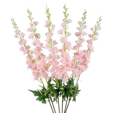 Imagem de Fqueelvys Flores artificiais Delphinium rosa, 6 peças, 103 cm, haste longa, espora de seda, flores snapdragon realistas para vaso alto para decoração de mesa de mesa de casamento (rosa)