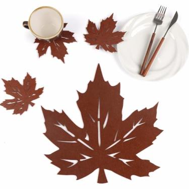 Imagem de Noctiflorous Jogo americano de feltro de 33 cm, conjunto de 6 com porta-copos resistentes ao calor, laváveis, antiderrapantes, para mesa de jantar de cozinha (bordo, laranja queimado, 6)