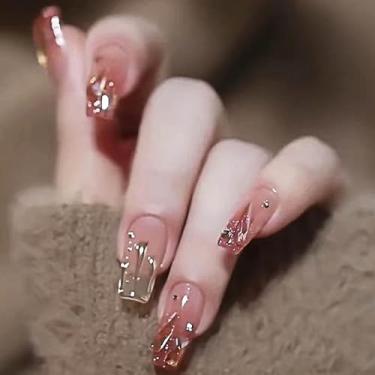 Imagem de Rilafuvu Pregos de acrílico em forma de caixão médio 3D strass glitter unhas artificiais ombré vermelho prensado 24 peças