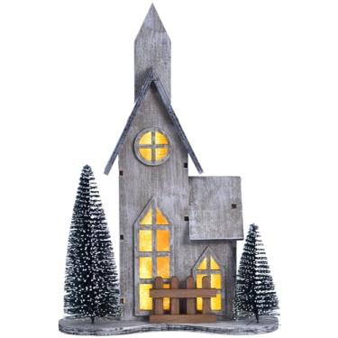 Imagem de Casa de vila de Natal de madeira com LED, decoração de Natal, mesa de centro de mesa com árvore, decoração de casa de Natal iluminada para manto de prateleira, exibição de vila de férias de inverno