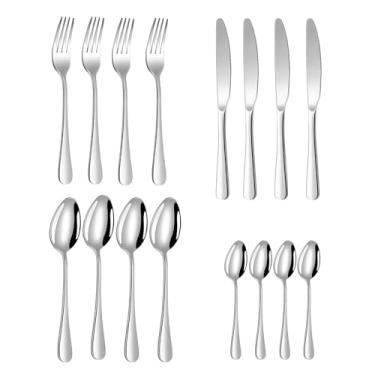 Imagem de KiBcsLic Conjunto de talheres de aço inoxidável resistente e prático para 4 pessoas, faca, garfo e colher, para reuniões familiares diárias durante as férias, Prata