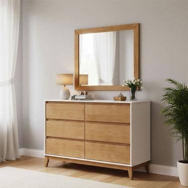 Imagem de Conjunto Cômoda 6 Gavetas + Moldura com espelho – Madeira Maciça e MDF – Linha Prata Finestra Móveis Off White/Freijó