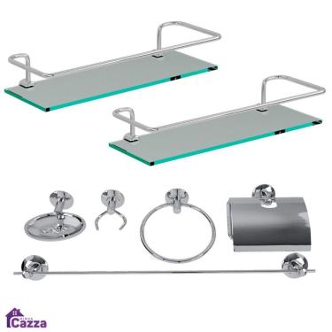 Imagem de Kit Banheiro Acessórios Aço Inox 5 Peças + 2 Porta Shampoo