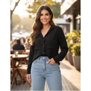 Imagem de Camisa Social Feminina Manga Longa Alfaiataria Com Bolsos Frontais Ant