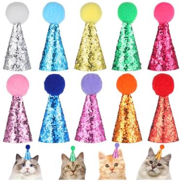 Imagem de 10 mini chapéus de festa para animais de pelúcia, mini chapéus de festa para cães pequenos, gatos, bichos de pelúcia, chapéus pequenos ajustáveis com pompons, acessórios de fantasia de aniversário de