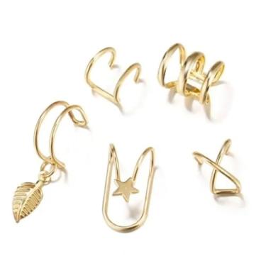 Imagem de Kit 5 Brincos Piercings Ouro Pressão Pingente Estrela E Argola Moda