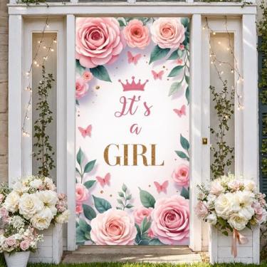 Imagem de Faixa de porta de lembrancinhas de festa revelação de gênero para meninas, capa de porta de bebê de boas-vindas para lembrancinhas de chá de bebê, adereços de foto floral revelação de gênero (coroa e