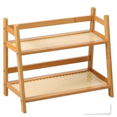 Imagem de Organizador de estação de café com aparência de vime de 2 camadas, design de prateleira dupla aberta de bambu com textura de vime, suporte matcha para acessórios de chá e café, suporte para matcha