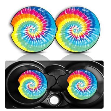 Imagem de Conjunto de 2 porta-copos de carro tie dye – Acessórios divertidos para carros de 7 cm, tamanho universal, tapete de borracha antiderrapante, porta-copos embutidos, decoração tie dyes, presentes para