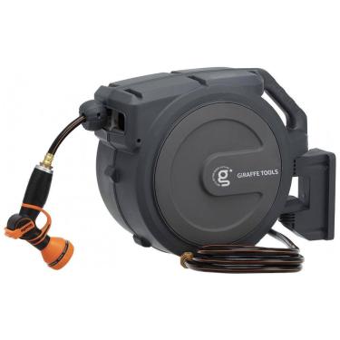 Imagem de Mangueira de Jadim 23M com Enrolador Retrátil, Rebobinamento Lento, Trava e Bico Pulverizador de 9 Padrões, Giraffe Tools AW25, Cinza