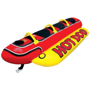 Imagem de Boia Rebocável Hot Dog Triple Rider Inflável para 3 Pessoas com Alças, AIRHEAD, Vermelho e Amarelo