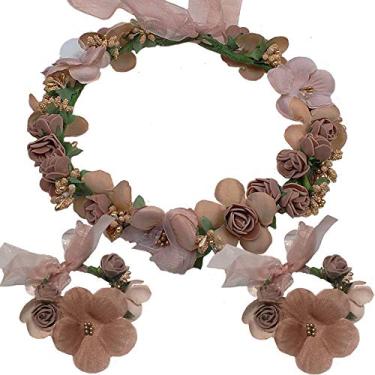 Imagem de Pulseiras de cabelo coroa de flores Guirlanda de rosa Pulseiras de cabelo Pulseiras Floral Casamento Noiva Argola de cabelo Pulseira Feminina Fita de folha ajustável Feita à Mão Rattan Vine Acessórios de Cabelo Pacote com 3, Coffee Tone