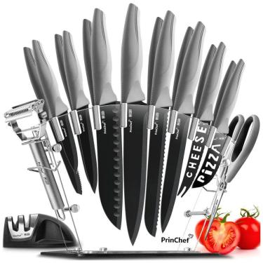 Imagem de Conjunto de Facas em Aço Inoxidável com Bloco de Bancada, 19 Peças, PRINCHEF LT 109, Cinza