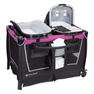 Imagem de Berço Cercado Portátil com Freios, Bolsa de Viagem, Música e Luz Noturna, Baby Trend Retreat, Preto e Rosa Escuro