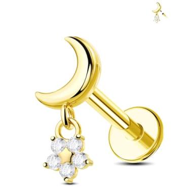 Imagem de Jewseen Piercing de flor helix tragus 16G para orelha direita brinco de cartilagem roscado internamente 316L aço cirúrgico hélice tragus concha brinco lua plana piercing de nariz para mulheres