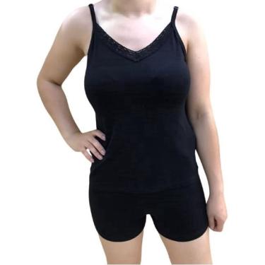Imagem de Pijama short doll feminino basic + viscolycra alça fina preto com renda preta