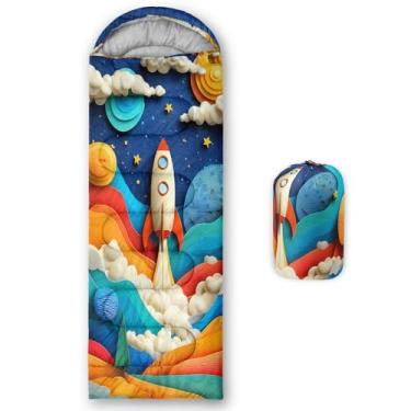 Imagem de lneffble Saco de dormir com estampa de tema do espaço sideral, adequado para crianças, meninos e meninas, portátil, impermeável, compacto e leve, ótimo para acampamento ao ar livre, mochila e