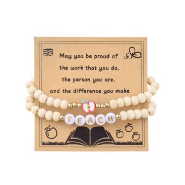 Imagem de Sudaporn Pulseira de contas de madeira de maçã para professores, aniversário, Natal, presente de agradecimento de estudantes, futuros professores, pulseiras para filha e filho