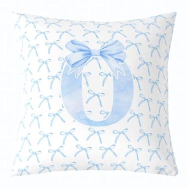 Imagem de Capa de almofada infantil com laço de desenho animado, gravata borboleta azul letra O nó princesa dupla face fronha meninas mulheres, aquarela laço patchwork azul branco cama sofá capa de almofada