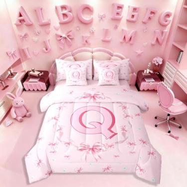 Imagem de Erosebridal Conjunto de edredom solteiro com letra Q, 7 peças, com laço kawaii, para crianças, meninas, adolescentes, rosa, com laço, romântico, chique, para quarto