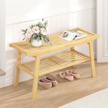 Imagem de Banco de jantar de bambu, banco longo para uso interno, resistente e confortável, design de ripas duráveis, assentos de entrada modernos para corredor (natureza, 2 camadas)