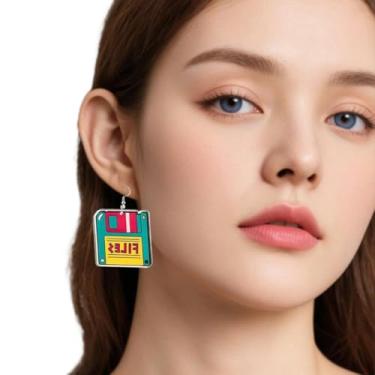 Imagem de Brinco de fita cassete neon retrô colorido para console de jogos de rádio, acessórios de festa dos anos 80, joias vintage para festa de discoteca, One size, Metal, Metal