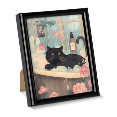 Imagem de Pôster de arte de parede de gato floral de banheiro imagem engraçada de gato na banheira para mesa, pintura estética emoldurada para decoração de mesa de parede de banheiro doméstico 15 x 20 cm