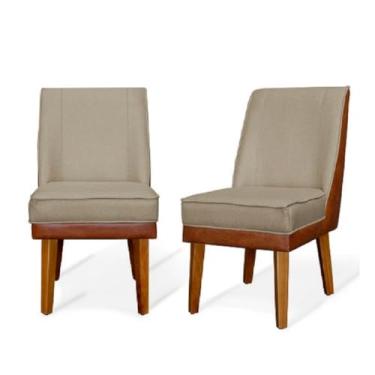 Imagem de Kit 2 Cadeiras de Jantar Linho e Couríssimo com Pés Palito – Conforto e Estilo para Sala de Jantar ou Cozinha (Castor + Nozes)
