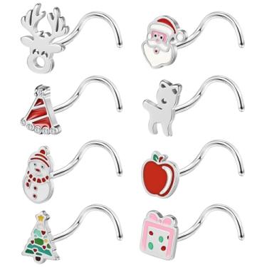 Imagem de ZS 8 peças de anéis de nariz de Natal de aço inoxidável 20G, árvore de Natal, floco de neve, alce, joia de narina, prata, saca-rolhas de Natal em forma de L para mulheres, Aço inoxidável, Sem Pedra