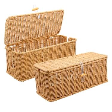 Imagem de 2 caixas de gerenciamento de cabos, organizador de cabos de vime feito à mão, compartimentos abertos, caixa oculta, cesta de cabos, organizador de cabos sob a mesa, para roteador de computador, hub