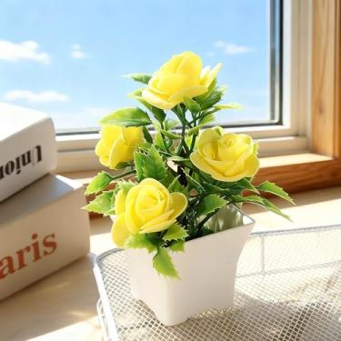 Imagem de Bonsai artificial de planta falsa simulação de flores rosas em vaso decoração de jardim decoração de mesa para casa (amarelo)