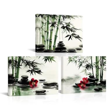 Imagem de Biuteawal Arte de parede zen com 3 painéis para decoração de banheiro, pedra zen com imagem de bambu verde, pintura de arte pacífica, casa de banho, meditação, sala de spa, decoração de quarto