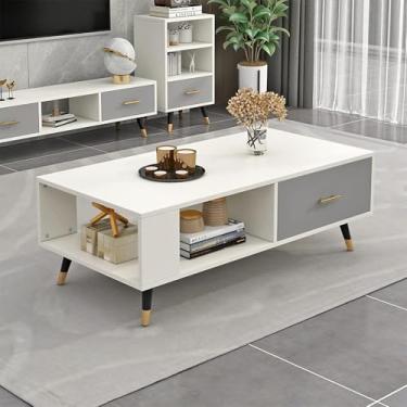 Imagem de Mesa De Centro Retangular Com Armazenamento Mesa De Centro Da Sala De Estar Com Gavetas Fechadas E Prateleiras Abertas Mesa De Sofá Moderna Com Pernas De, Walnut Color Frame + White Drawer