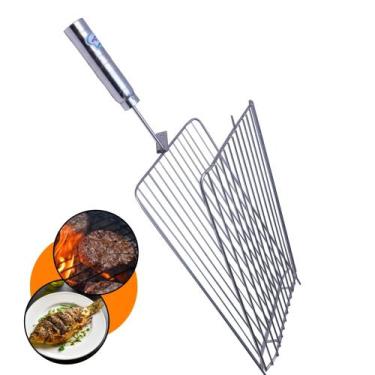 Imagem de Grelha Dupla Churrasco Aço Inox 304 Peixes Parrilla Abre e Fecha Pão d