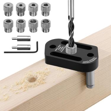 Imagem de FETESNICE Kit de gabarito de cavilha autocentralizante, 8 tamanhos (3-10 mm) bloco de guia de broca portátil para marcenaria, gabarito de cavilha de precisão com brocas para furos retos, prateleiras