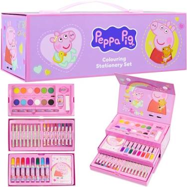 Imagem de Peppa Pig Estojo de arte para meninas, lápis de cor, giz de cera, marcadores, aquarelas, materiais de arte, materiais de desenho, caixa de papelaria de viagem, presentes para meninas