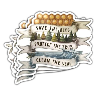 Imagem de Adesivo ecológico com 3 peças, adesivo de vinil Save The Bees Protect The Trees Clean The Seas, adesivo impermeável de ativismo ambiental para laptop, garrafa de água, carro, caderno, presentes (7,6