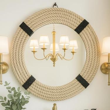 Imagem de HIGHBIX Espelho de corda de juta para decoração de parede | Espelho de parede de corda náutica para banheiro, sala de estar, quarto e entrada Espelho rústico feito à mão para casa de fazenda costeira