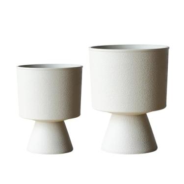 Imagem de Lookat Vaso de ampulheta moderno, recipiente de plástico decorativo para plantas, aparência de metal texturizado, vaso de jardim doméstico contemporâneo (bege, CUP003 pequeno + médio)