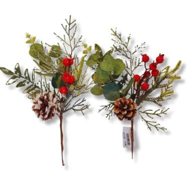 Imagem de Kit com 2 Galhos de Frutinhas Azevinho Artificial | Decoração Floral, Cacho Decorativo Natalino com Pinha e Folhas Verdes 28cm | para Árvore de Natal e Festas De Final de Ano