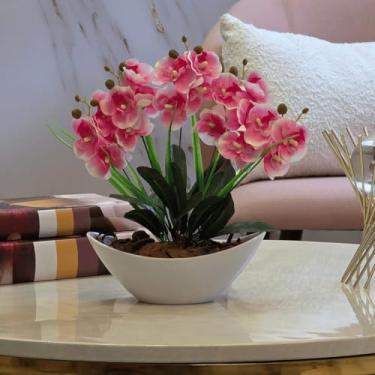 Imagem de Arranjo de Orquídea Artificial Planta Decorativa Vaso e Casca Polida(Rosa Escuro)
