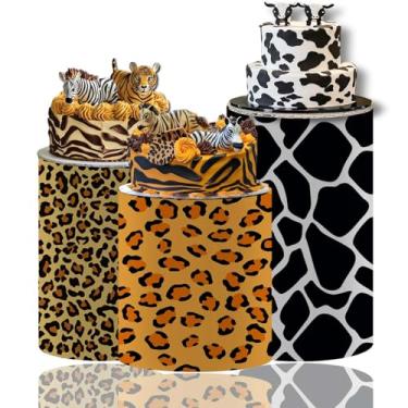 Imagem de MvoVitality Conjunto de 3 capas de cilindro de elastano com estampa animal para safári, selva, animais selvagens, festas temáticas de zoológico, chá de bebê, aniversário e decorações de mesa de
