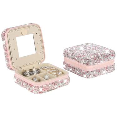 Imagem de MINGZAIQIPEI Caixa de joias de strass, estojo de joias de viagem com organizador de joias espelhado, pequenas caixas organizadoras de presentes portáteis para anéis, brincos, colares, pulseiras (rosa)