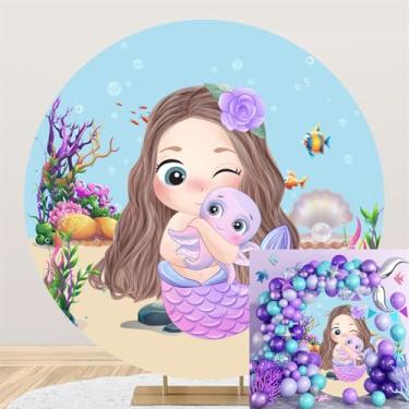 Imagem de Poliéster diâmetro 1,5 m redondo oceano sereia tema pano de fundo para fotografia menina princesa 1º aniversário festa aniversário chá de bebê fundo decorativo crianças retrato estúdio foto adereços