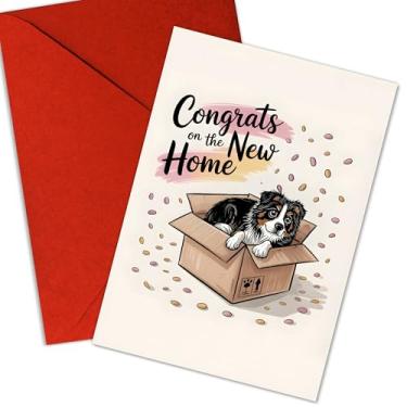 Imagem de Cão fofo novo cartão de casa engraçado saudação de parabéns com filhote de cachorro em caixa presente para novos proprietários, amigos, amantes de cães, vizinhos, compradores pela primeira vez