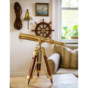 Imagem de Telescópio decorativo vintage com suporte de madeira, acabamento em latão polido, altura de tripé ajustável, casa náutica marítima, presentes de decoração de navio para colecionadores
