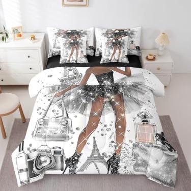 Imagem de Erosebridal Jogo de cama casal Paris em uma bolsa com lençol de cima | Jogo de cama feminino romântico com 7 peças, bolsa para câmera, Torre Eiffel, edredom feminino moderno e moderno