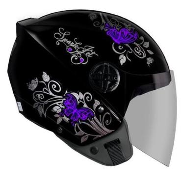 Imagem de Capacete Aberto Feminino Ebf Spark Jet Borboleta Preto e Lilás Brilhan