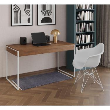 Imagem de Escrivaninha Industrial Office Estudo Malta Amêndoa 137X53Cm Com 1 Poltrona Branca Base Cor: Amendoa
